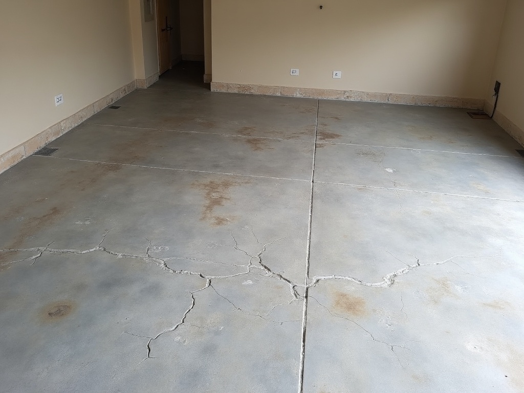A worn, stained, bare concrete garage floor before an epoxy coating