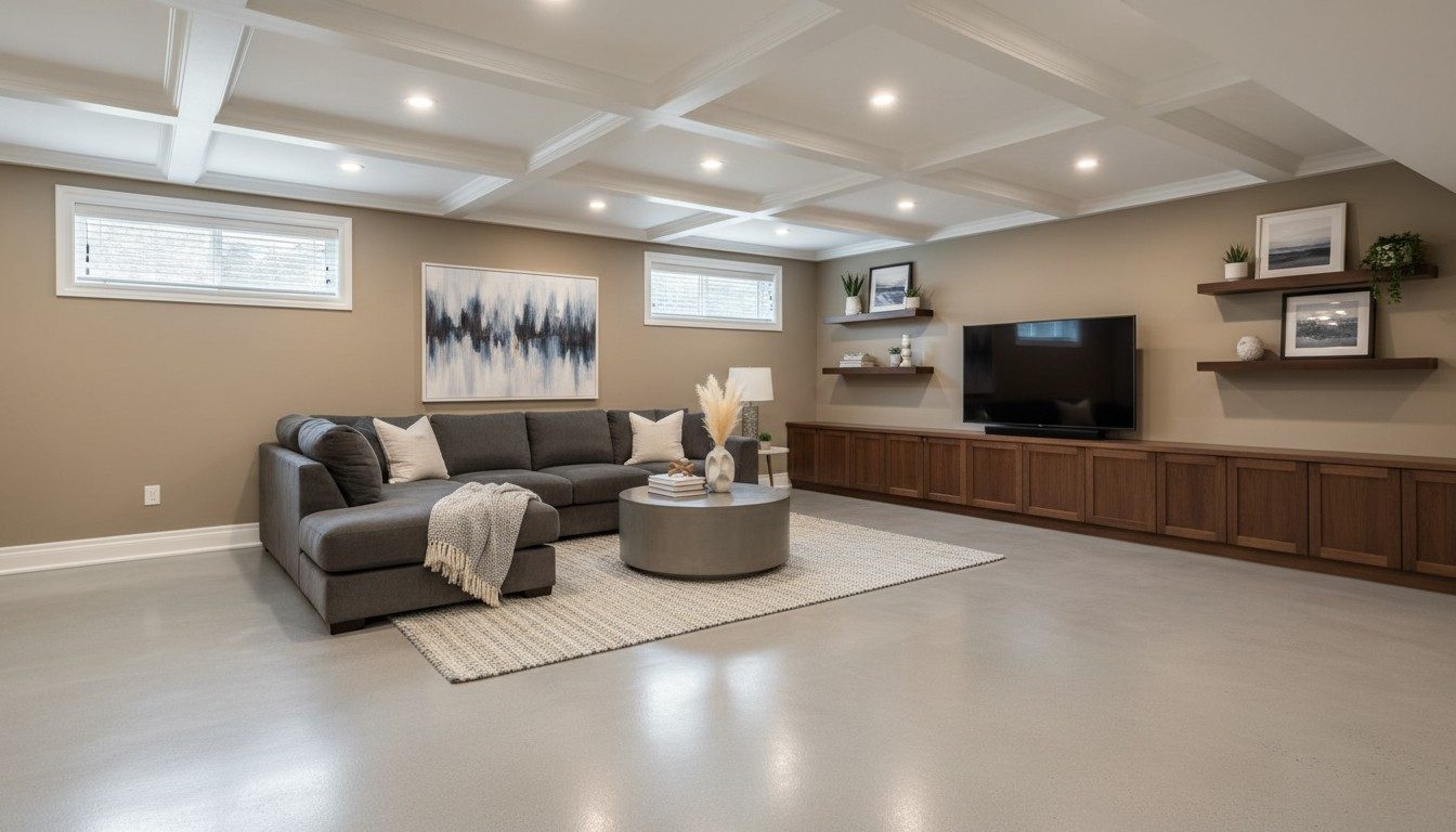 A finished basement with a smooth satin epoxy floor, illustrative example