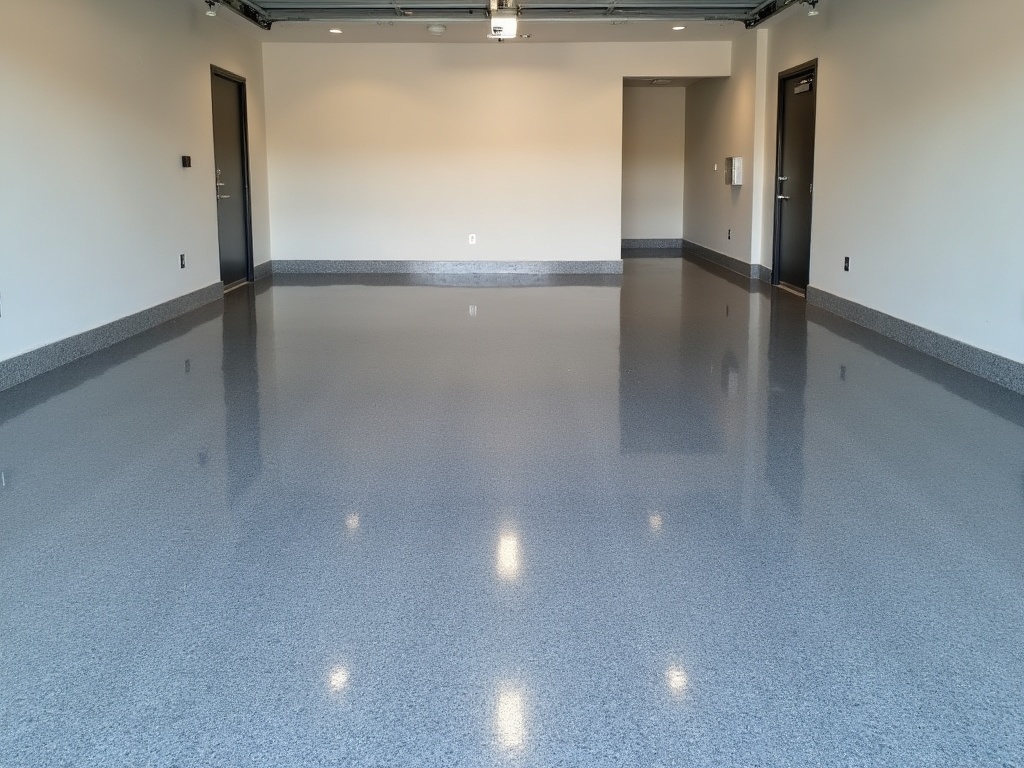 A glossy metallic flake epoxy floor in a clean residential garage
