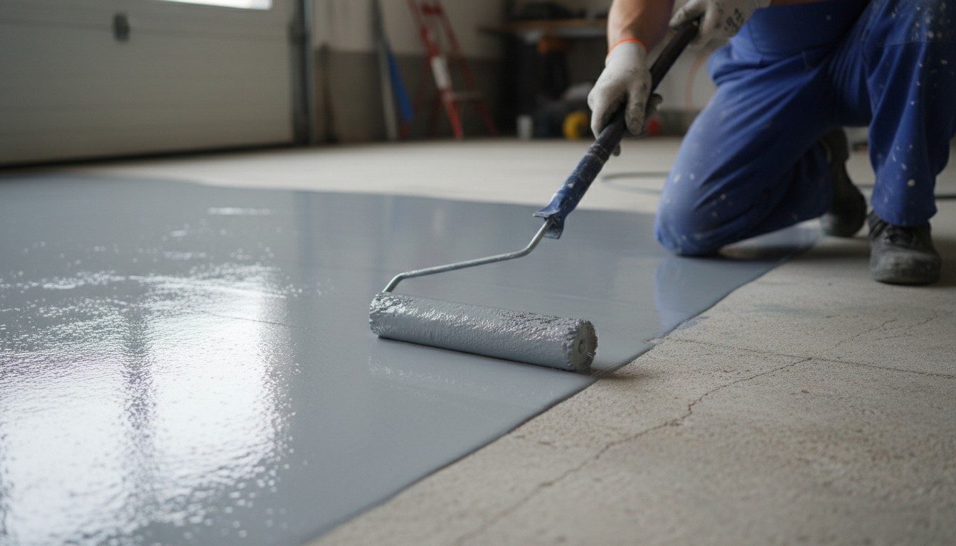 A worker rolling epoxy floor paint onto concrete, illustrative example