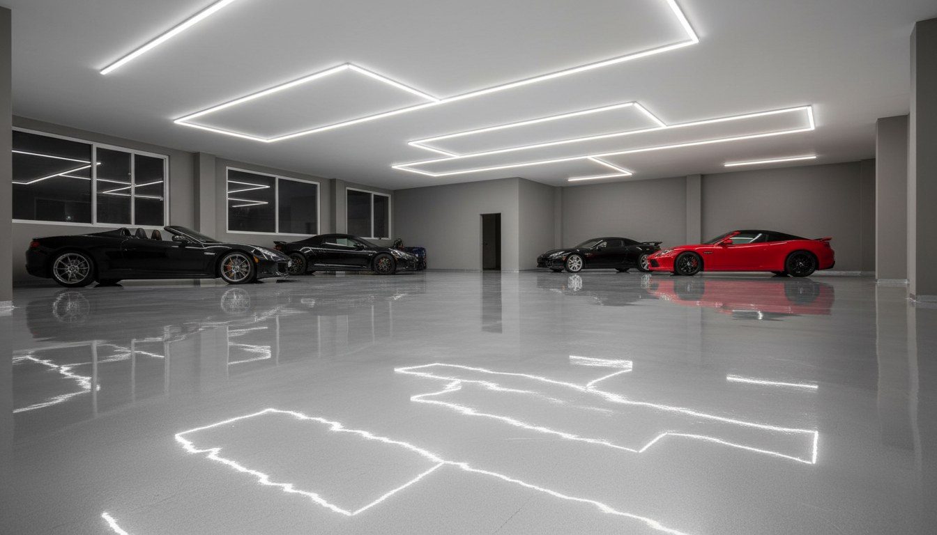 Professional garage floor with metallic epoxy coating